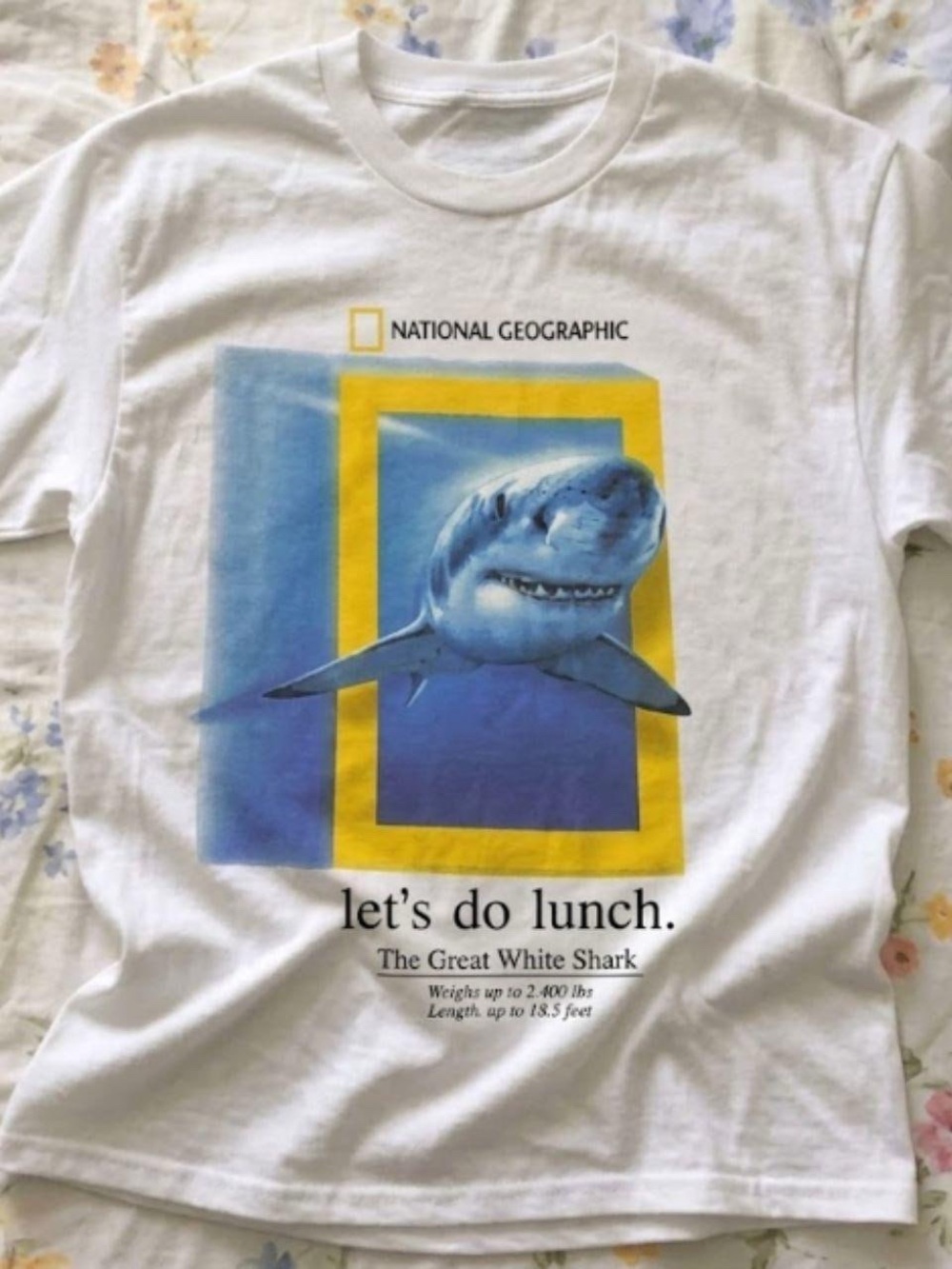 Gildan White T-Shirt with Blue & Yellow National Geographic Shark Graphic